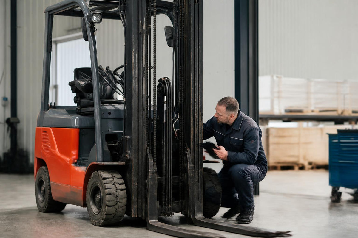 Forklift in a warehouse during hydraulic diagnostics by service